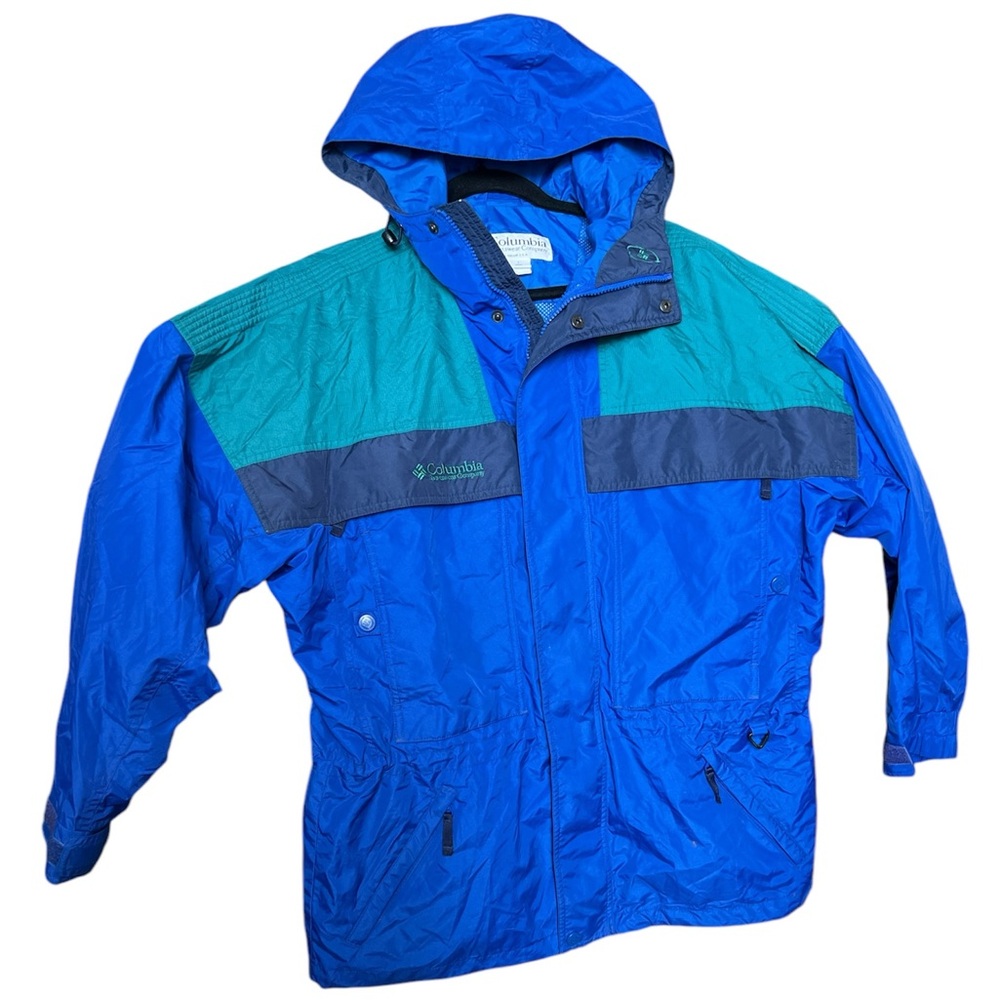 Columbia Blue and Green Windbreaker with Hood size M medium weight jacket